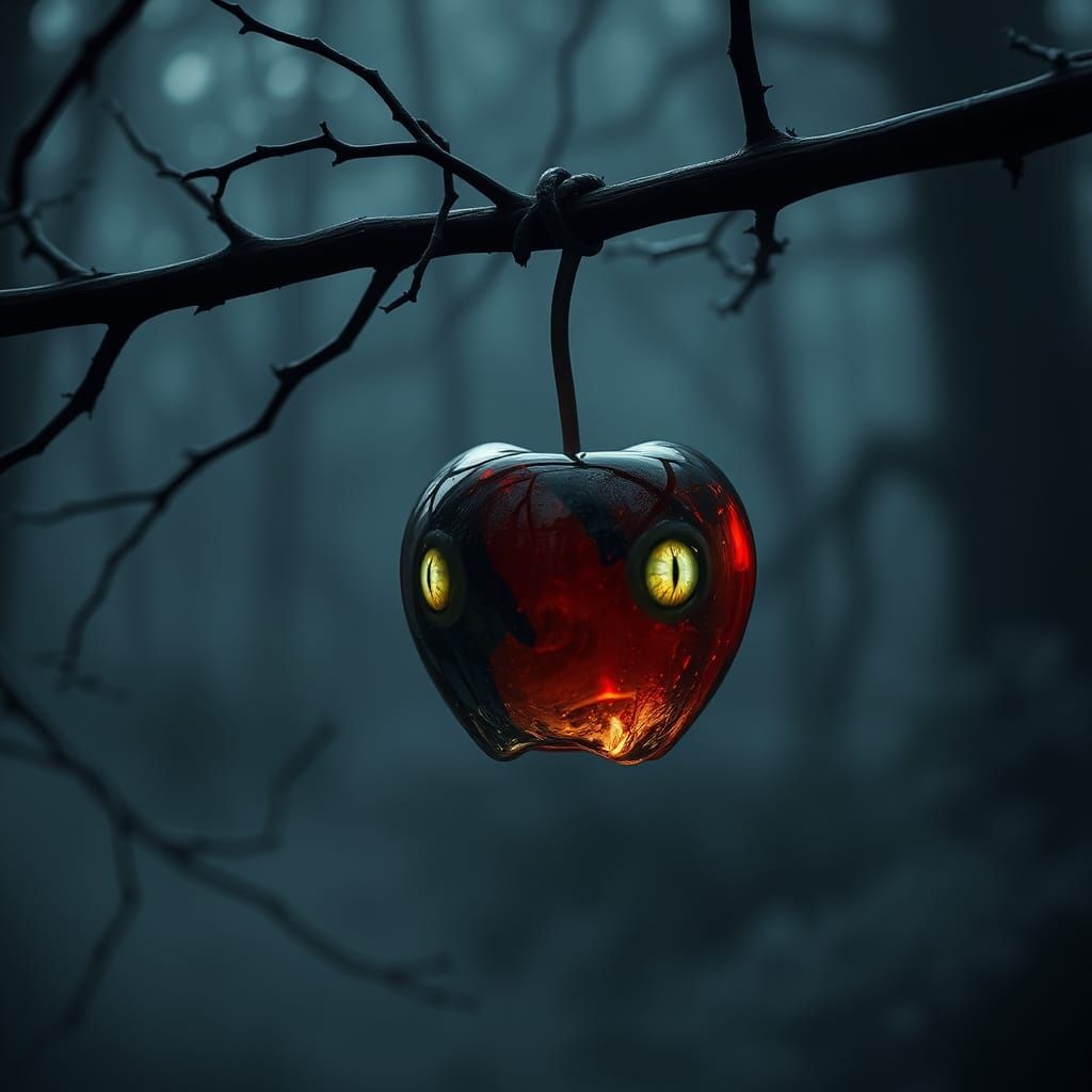 Eerie Glass Apple in Misty Forest: Surreal Digital Art