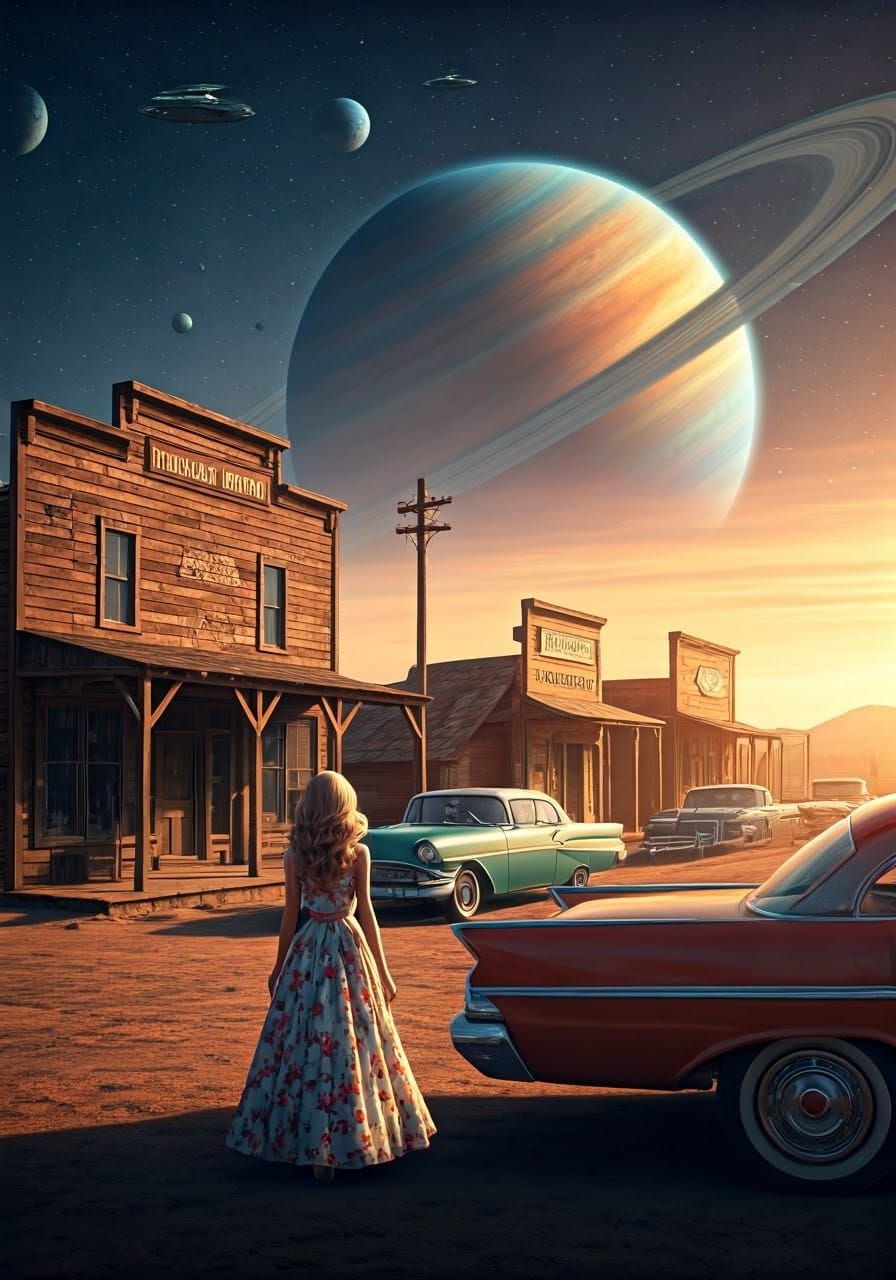 Surreal Retro-Futuristic Scene with Floral Dress and Vintage...