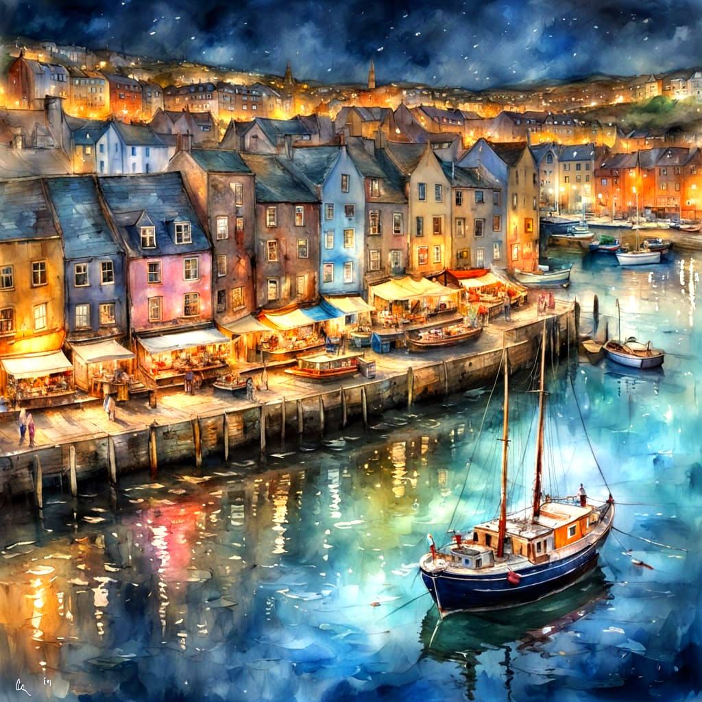 Night Harbour Scene in Watercolour Style