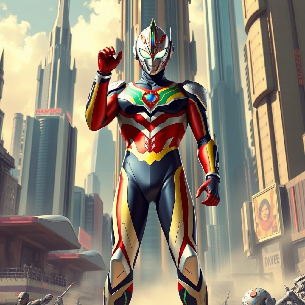 Heroic Ultraman Leader in Futuristic Cityscape