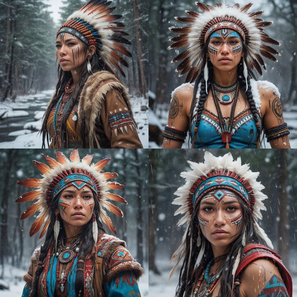 Native American Warrior Goddess in Vibrant Snowy Wonderland