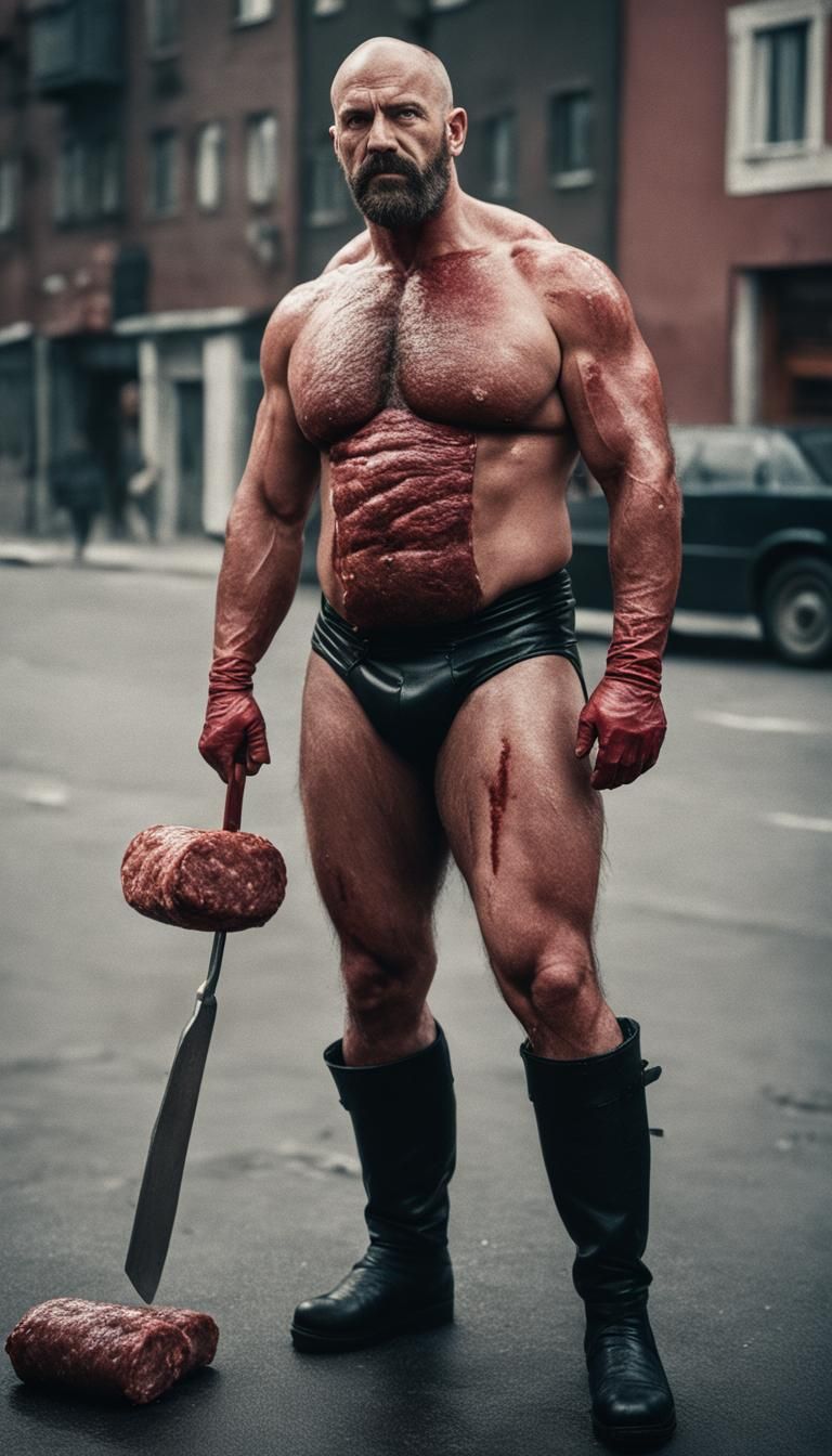 Cinematic Film Still: Hairy Butcher with Beef and Salami