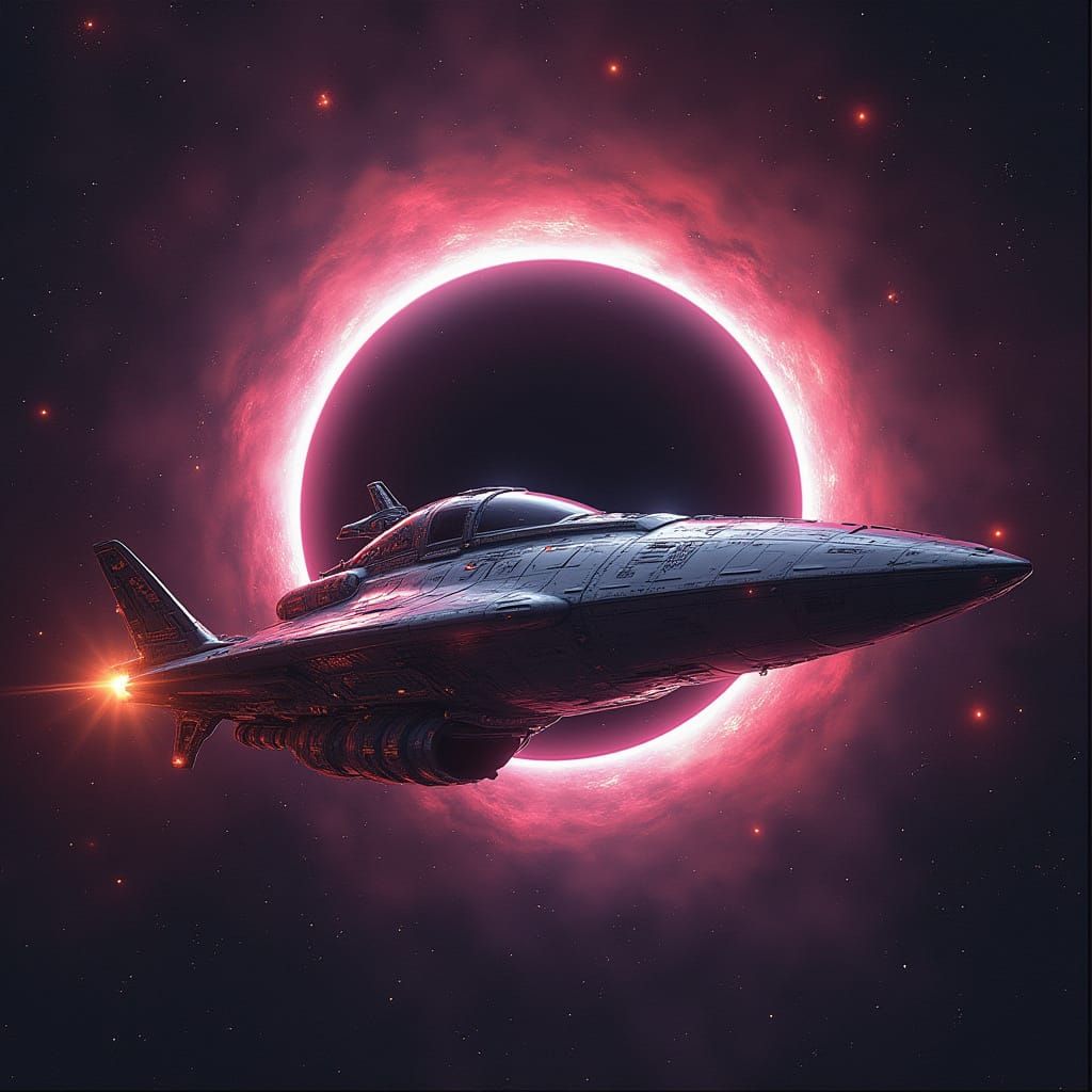 Futuristic Spaceship Near Black Hole in Biomechanical Style