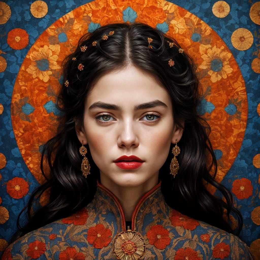 Ornate Portrait of Woman with Floral Hair Art
