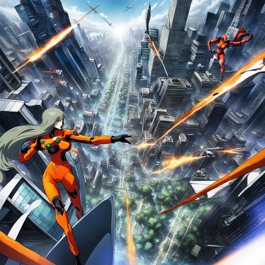 Battle between Motoko Kusanagi in blue swimsuit (ghost in the shell) against Asuka Langley in orange futuristic jumpsuit...