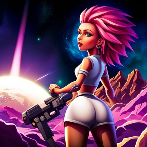 Android Girl on Alien Moon with Laser Bazooka