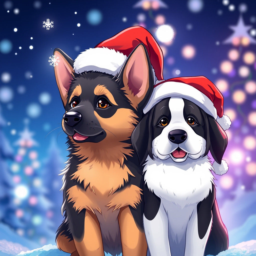 German Shepherd Puppy in Anime Christmas Scene