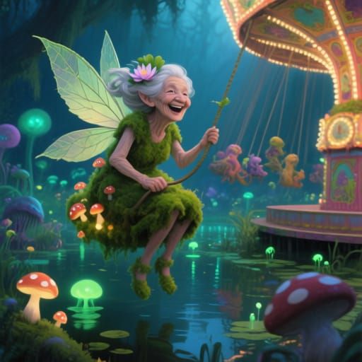 Moss Fairy Rides Carnival in Bioluminescent Swamp