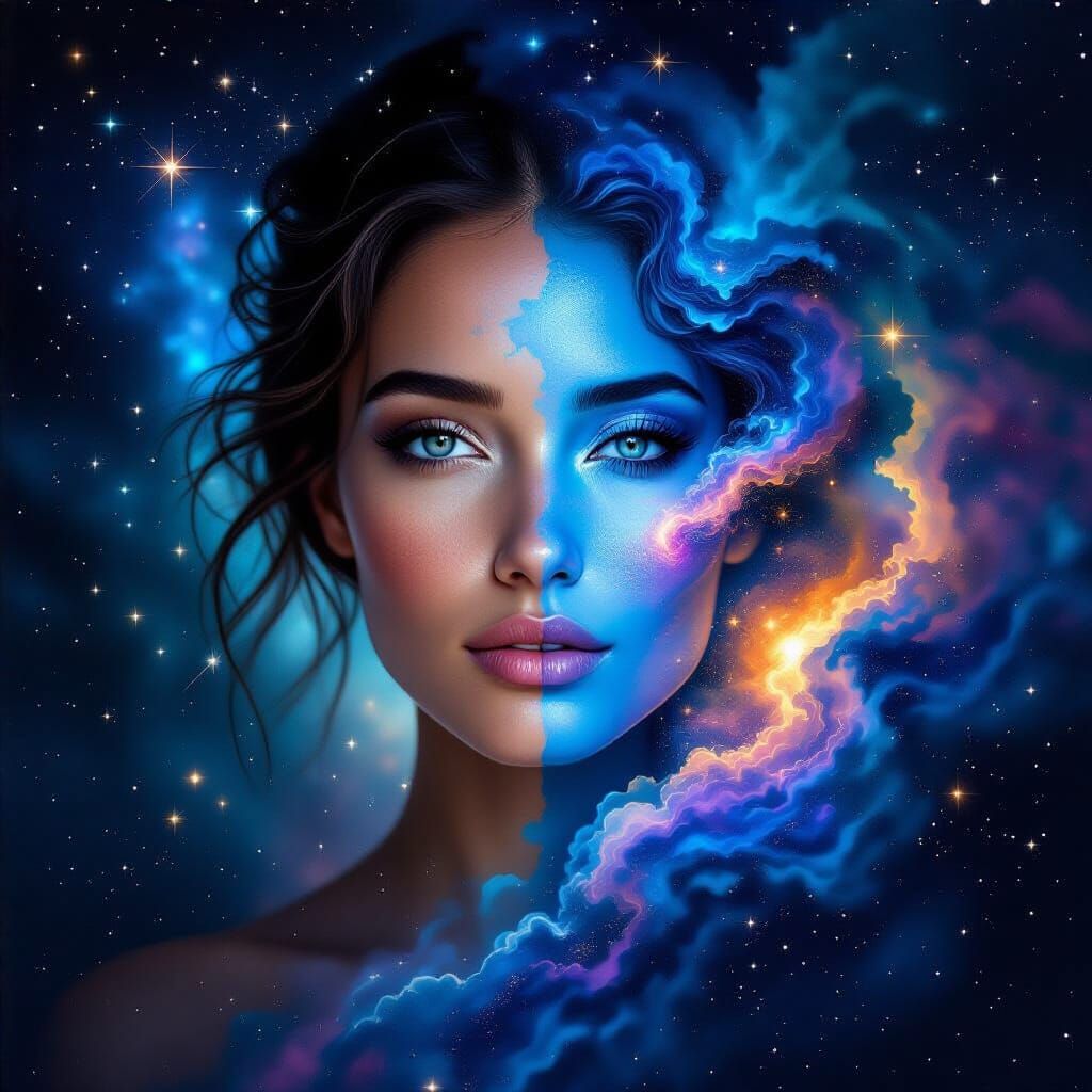 Woman's Face in Cosmic Nebula Double Exposure