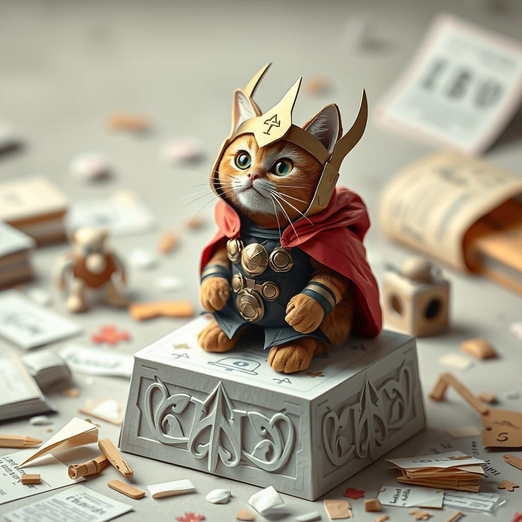 Regal Feline God in Whimsical Origami Throne