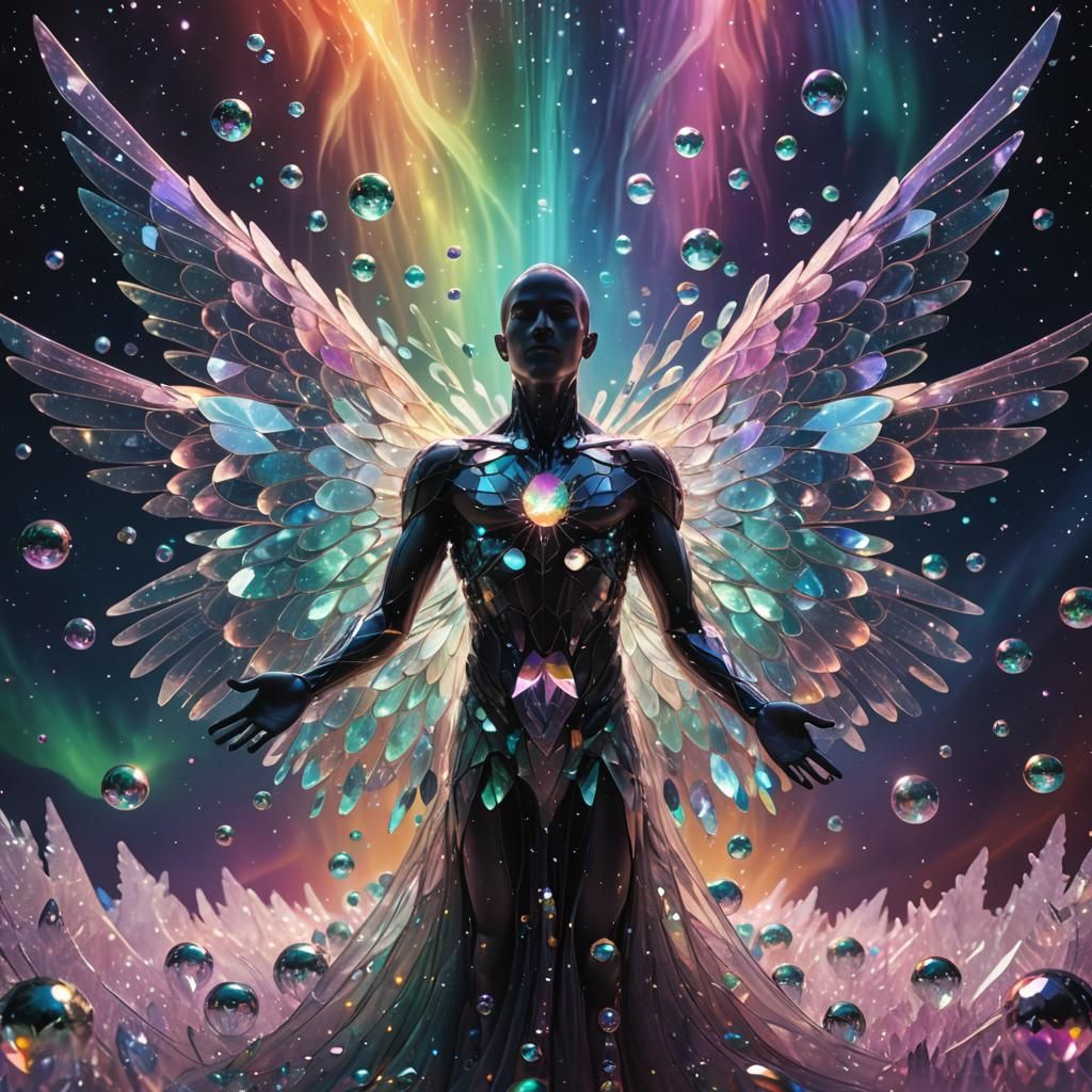 Kaleidoscopic Aurora with Geometric Humanoid Figure