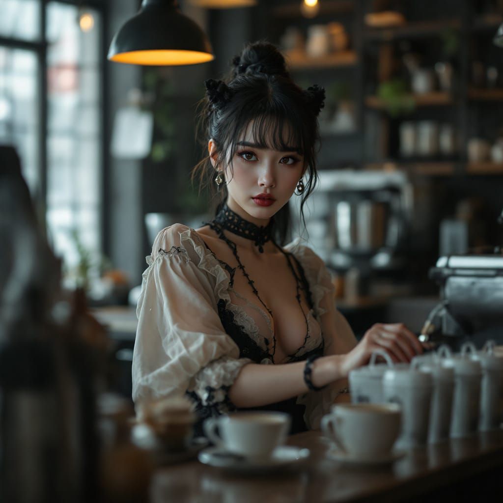 Gothicpunk Barista Serves Coffee in Cinematic Scene