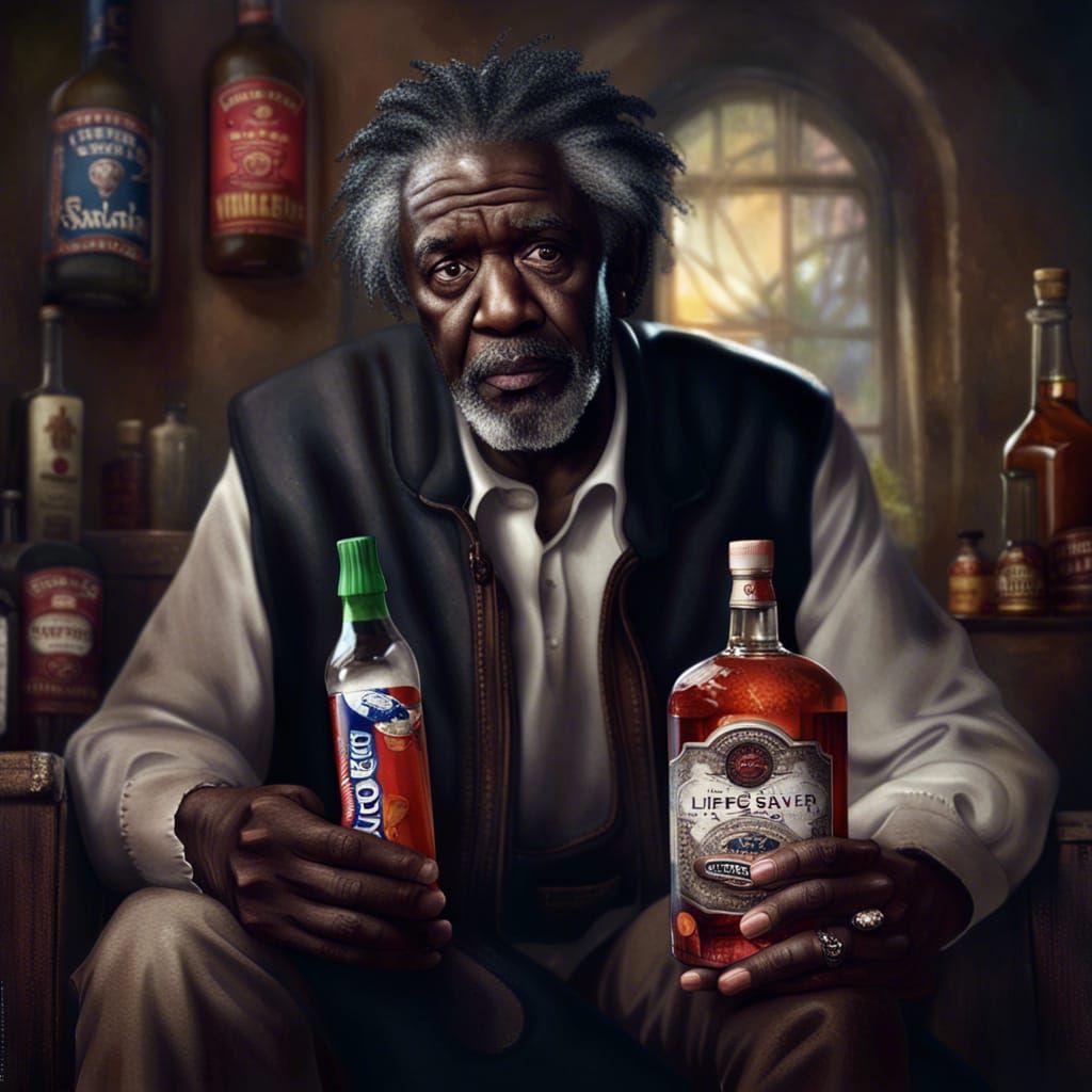Sad Man with Whiskey and Candy: Detailed Digital Portrait