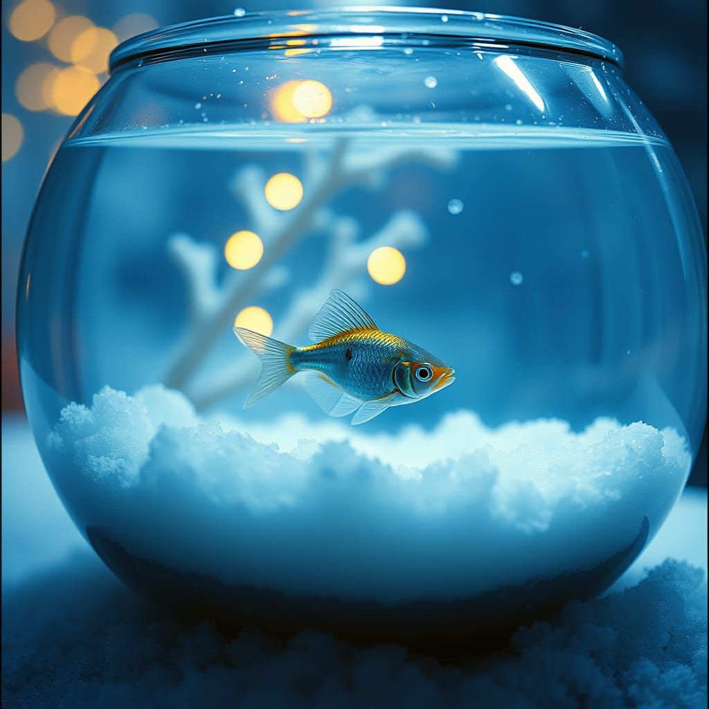 Christmas Fish in Snowy Blue Bowl: Cinematic Still