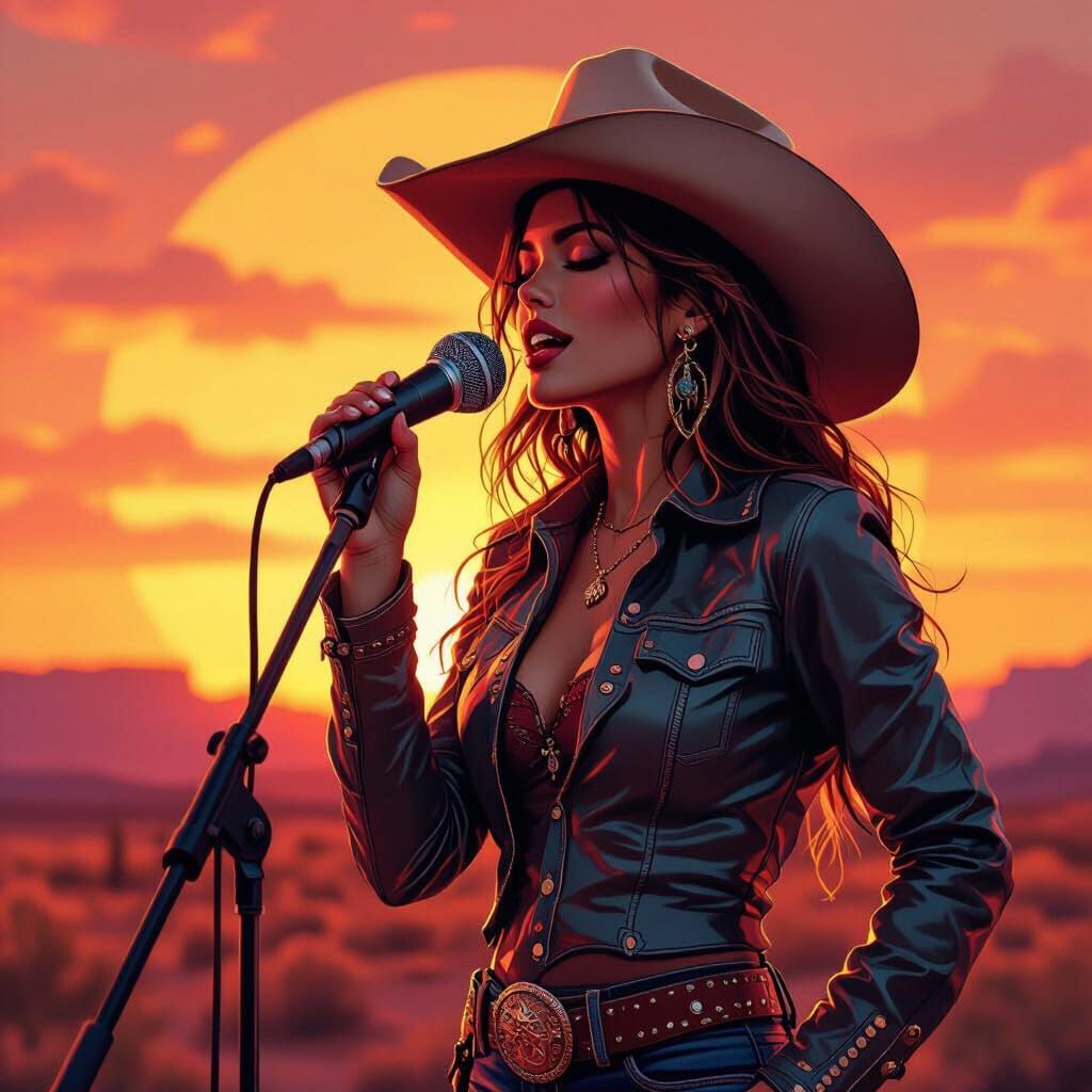 Cowgirl Singing with Sunset Backdrop in Digital Style