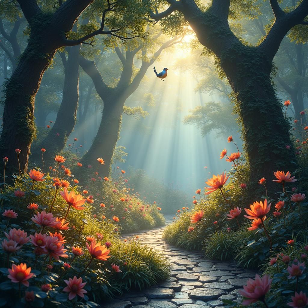 Mystical Garden Oasis with Iridescent Flowers