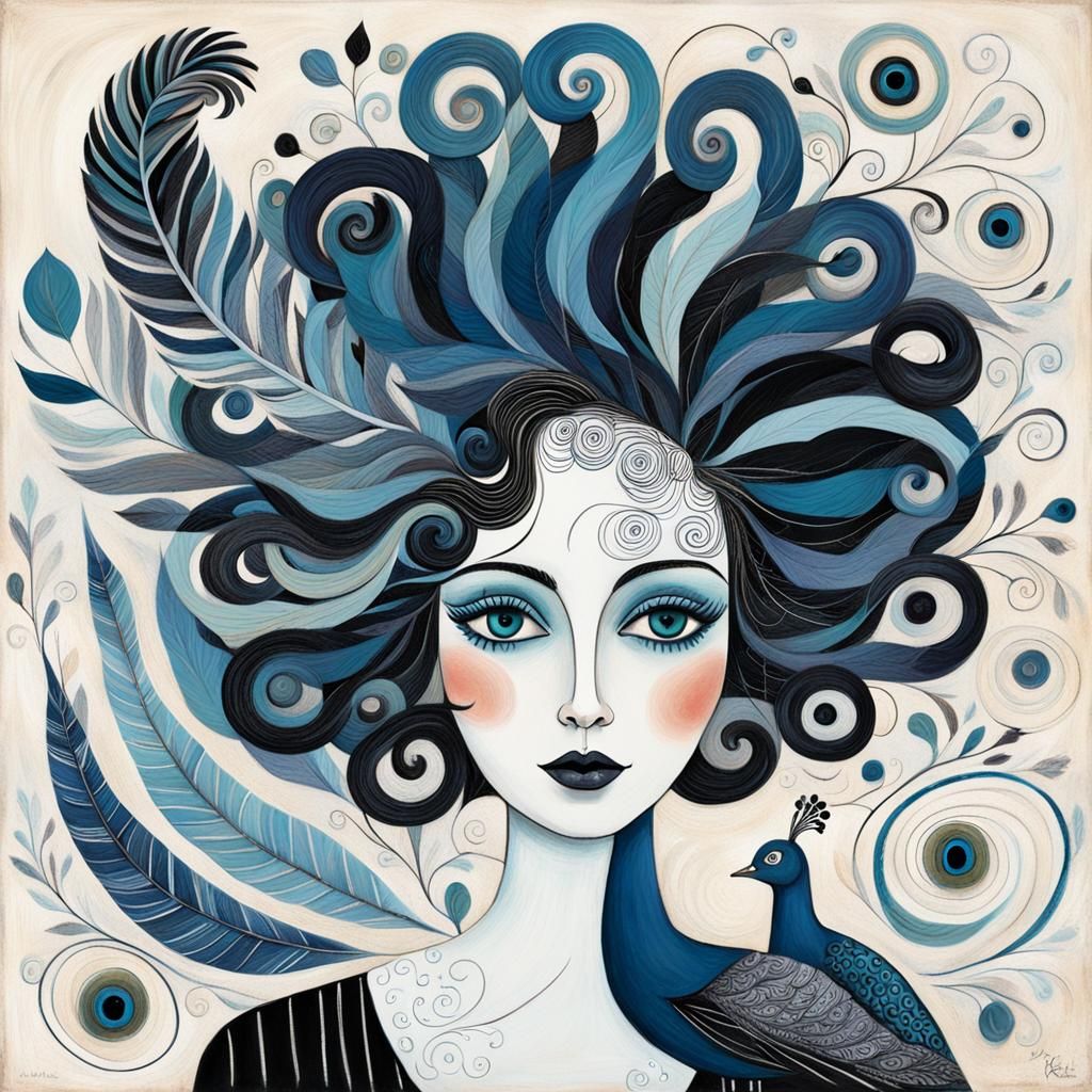 Whimsical Woman with Peacock Feathers in Naive Art Style