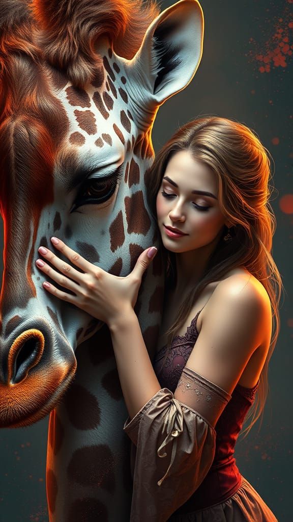 Surreal Encounter Between a Woman and a Giraffe, in Hyperrea...