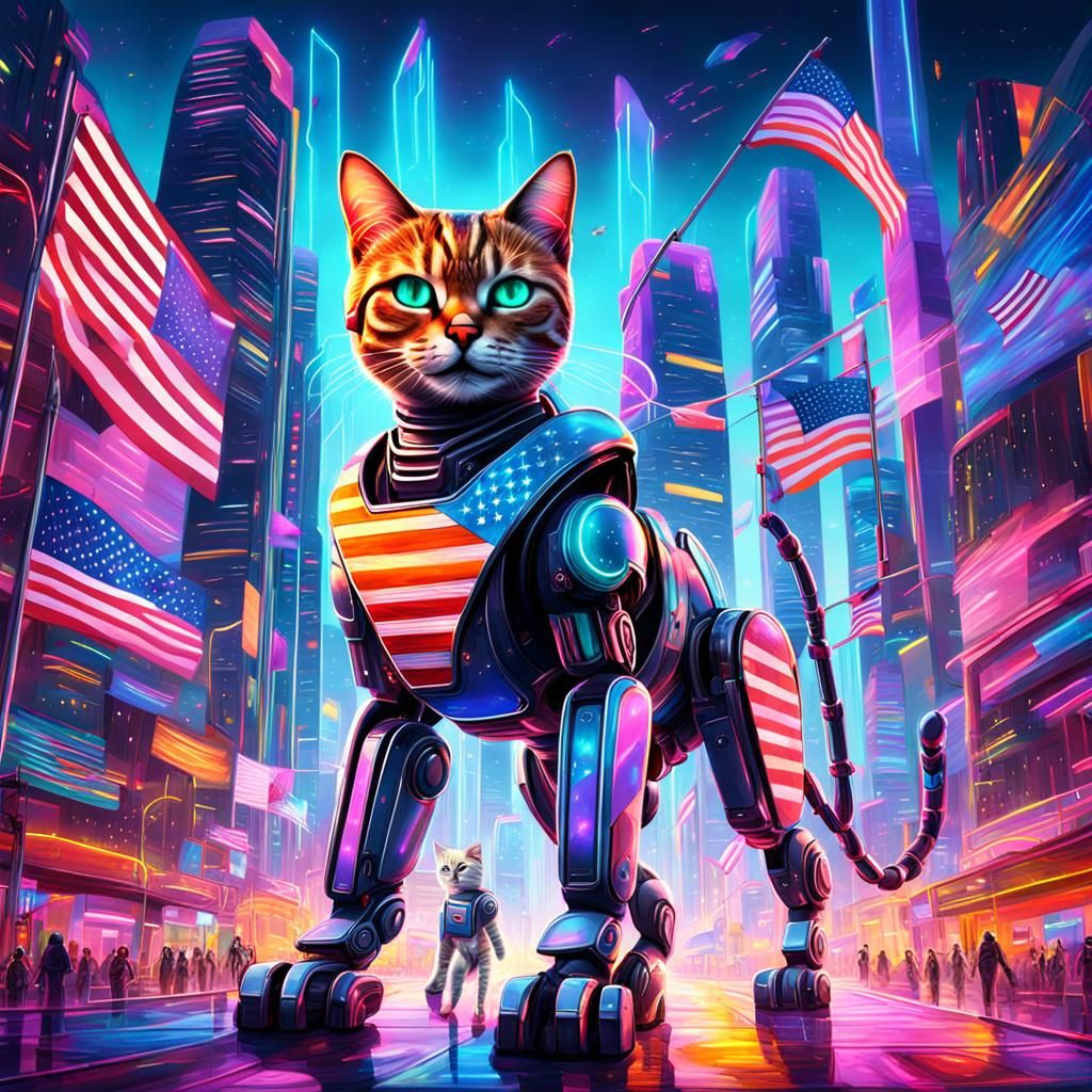 Futuristic Robot Cat Embodies Liberty and Pride