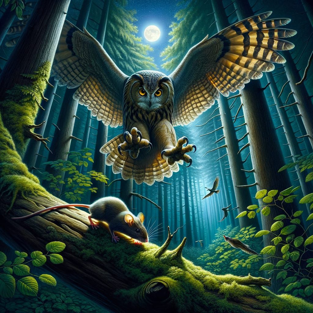 Owl Hunts Mouse in Mystical Moonlit Forest