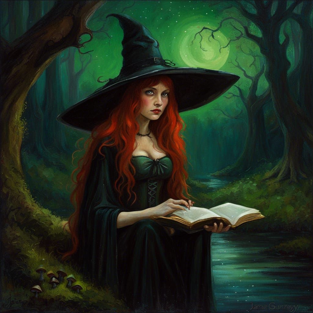 Fairytale Witch by Dark Forest Tower at Night