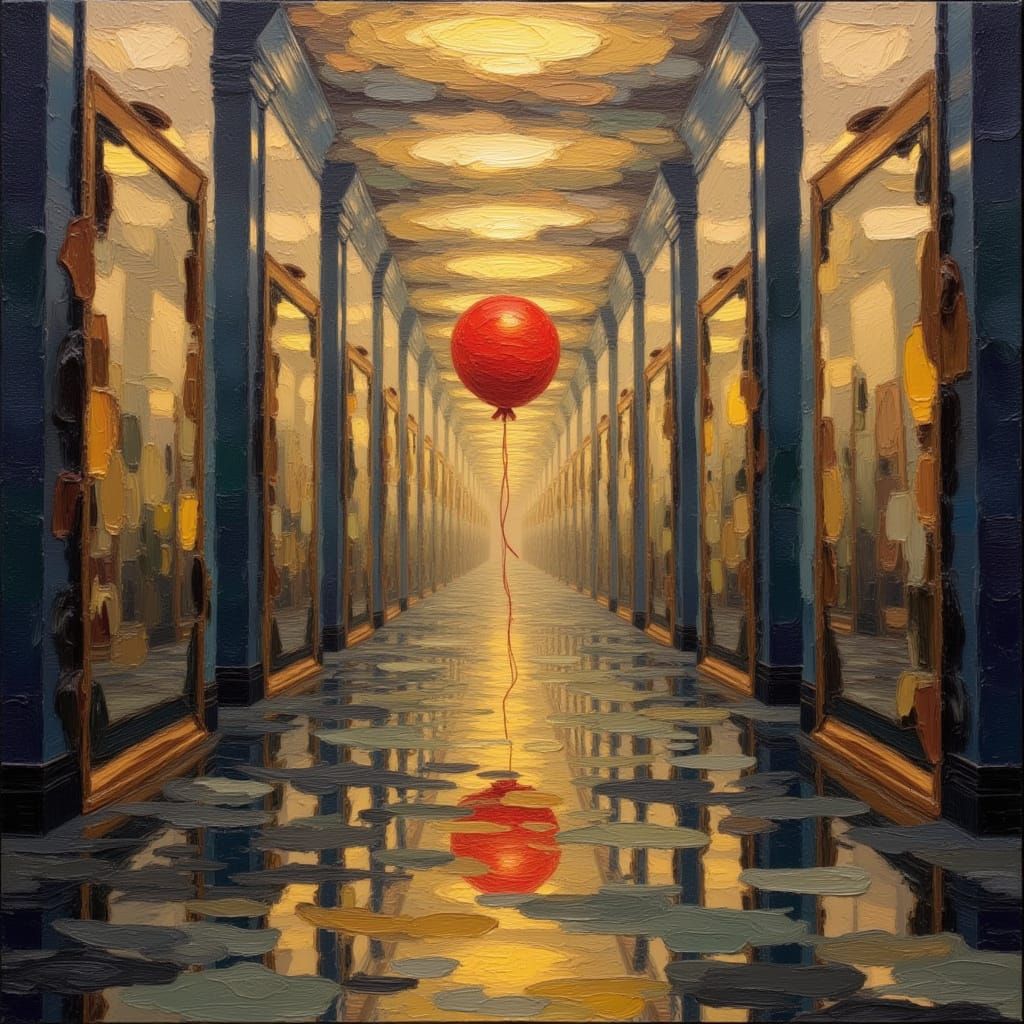 Surreal Impasto Painting of a Red Balloon in a Hall of Mirro...