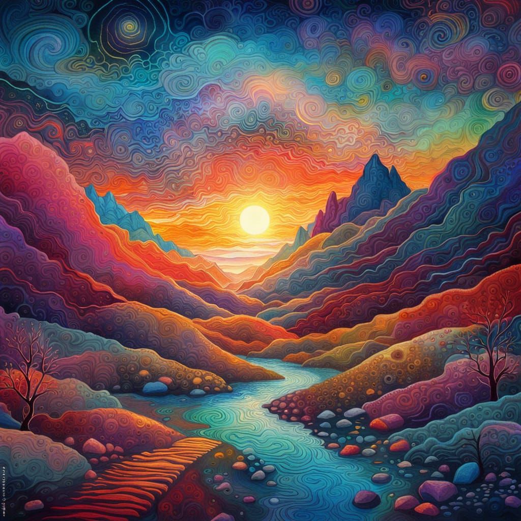 Cosmic Landscape at Sunrise: Mixed Media Illustration