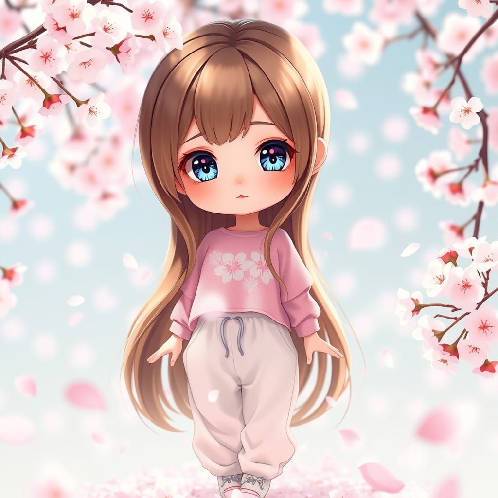 Chibi Doll Girl Basks in Vibrant Cherry Blossom Paradise