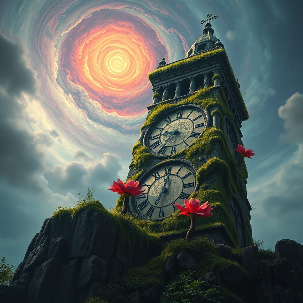Mossy Clock Tower Emerges with Alien Flora in Vortex Sky