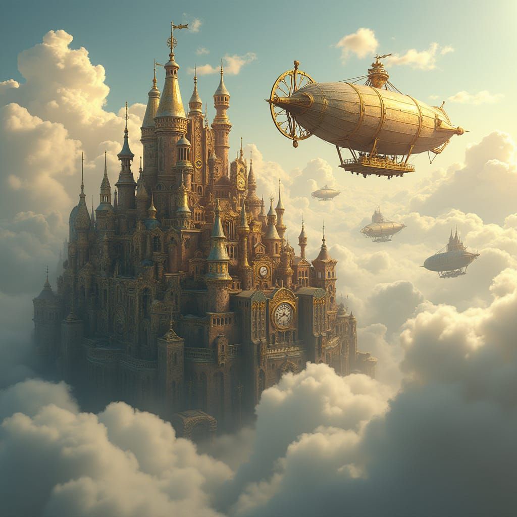 Steampunk Cityscape Floating in Clouds: Art Nouveau Style