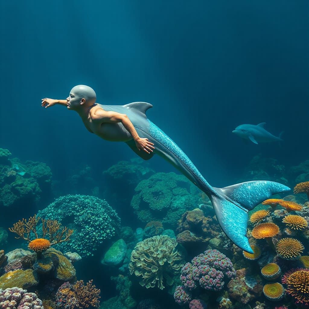 Human-Dolphin Hybrid Freediving Over Coral Reef