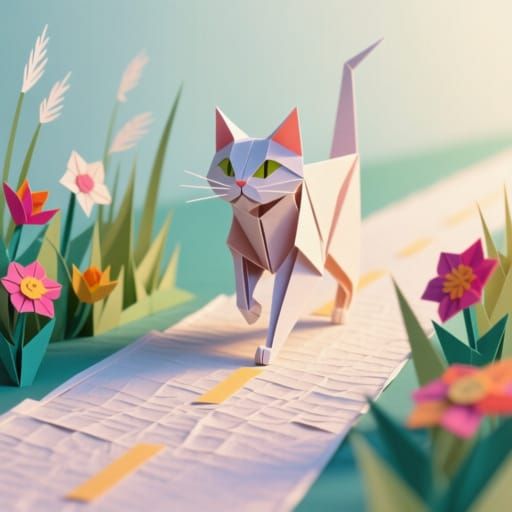 Origami Cat Struts Down Paper Road in Flat Design
