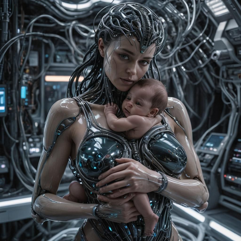 Futuristic AI Mother and Child in Laboratory