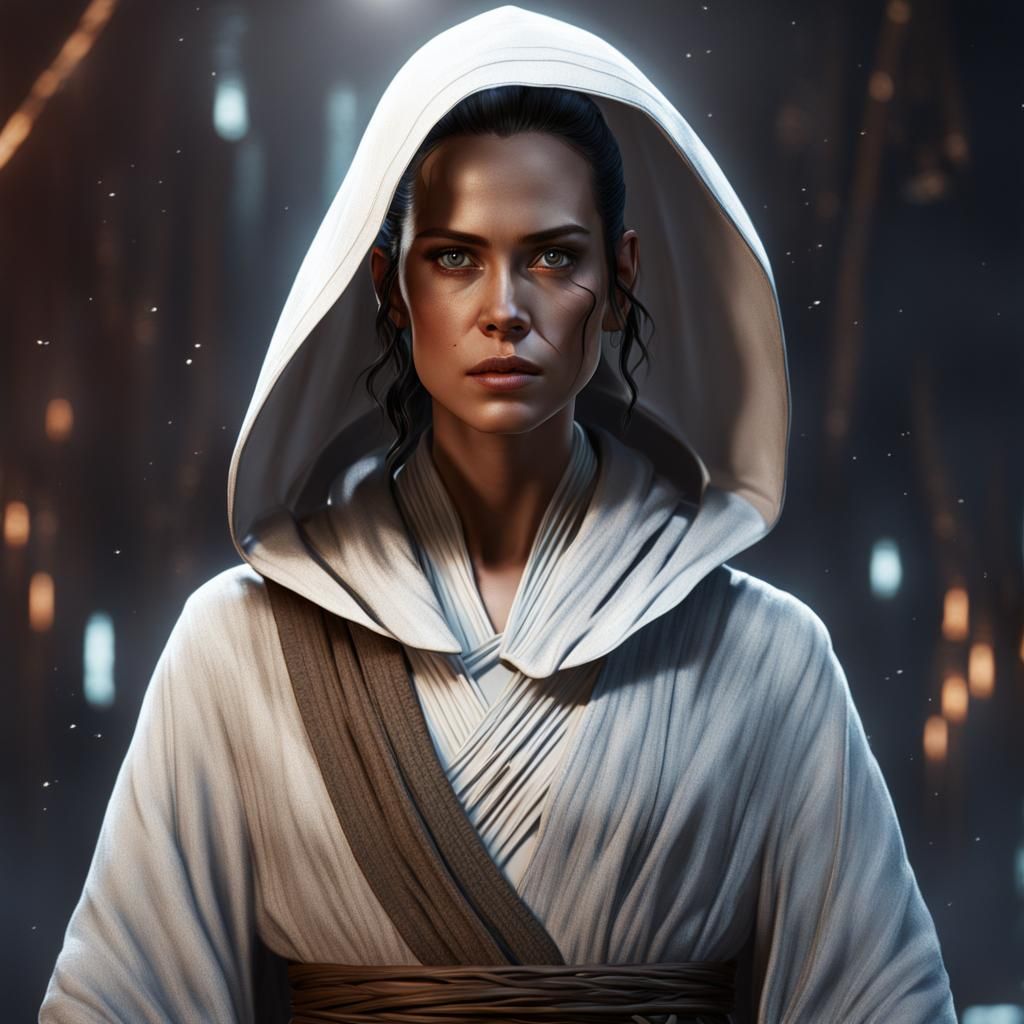 Rey in White Jedi Robe: Detailed Digital Painting