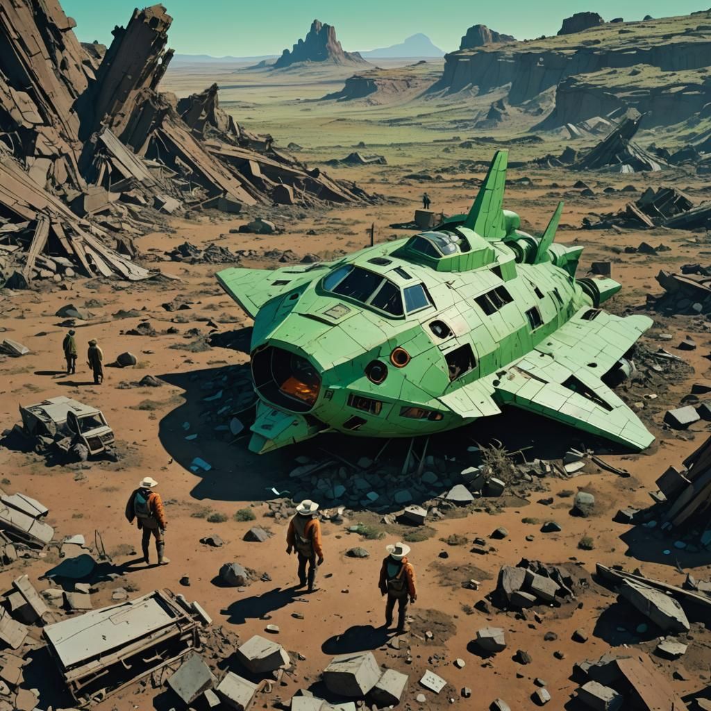 Cowboys Investigate Crashed Spaceship in Comic Style