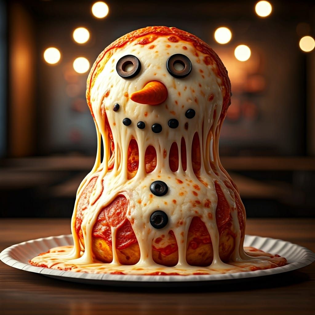 Melting Pizza Snowman in Photorealistic Style