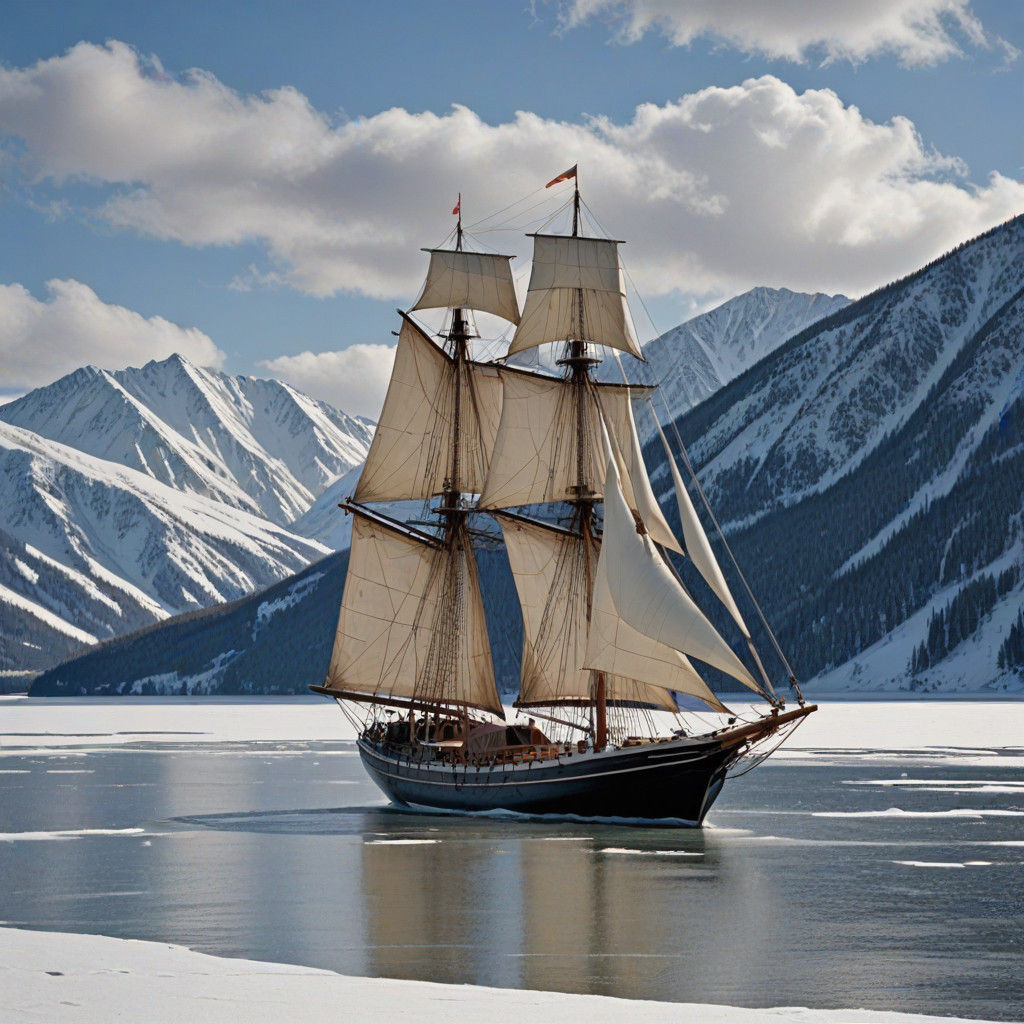 Schooner Glides Across Frozen Loch in a Futuristic Aesthetic