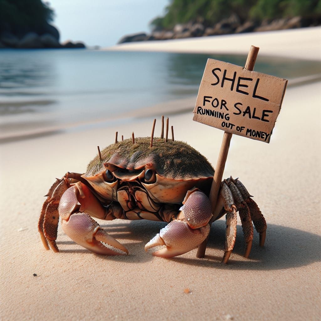 Sad Crab Selling Its Shell on Beach