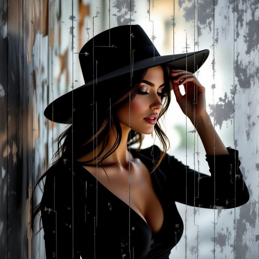 photorealistic photo a pretty woman adjusting her wide-brimm...