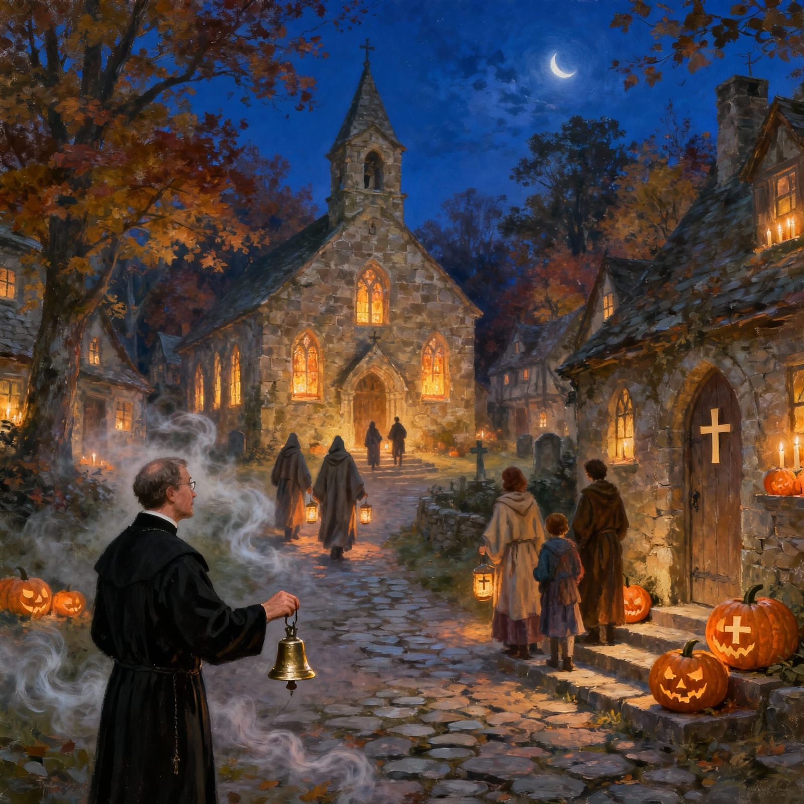 Medieval Village Twilight Vigil Oil Painting