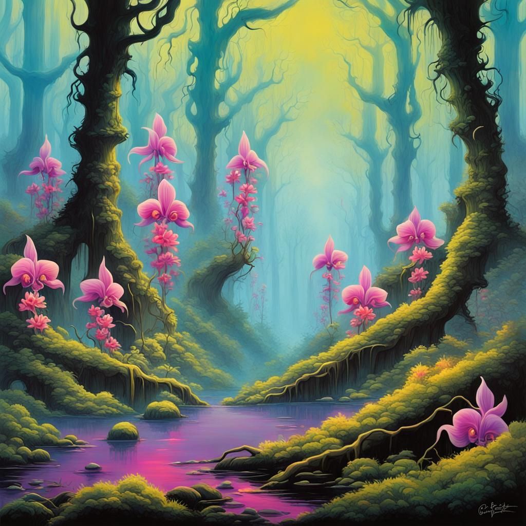 Surreal Forest Landscape in Psychedelic Style