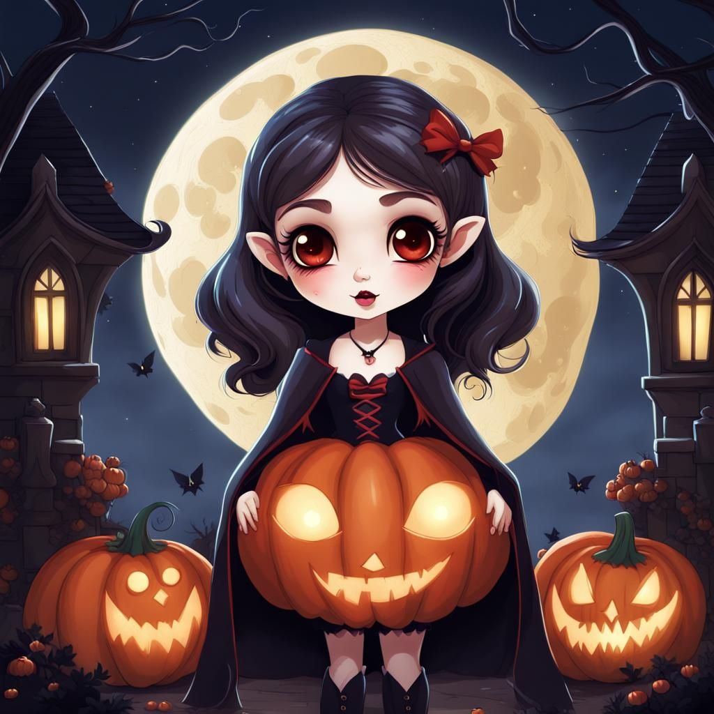 Cute Vampire Girl in Moonlit Garden: Graffiti Art