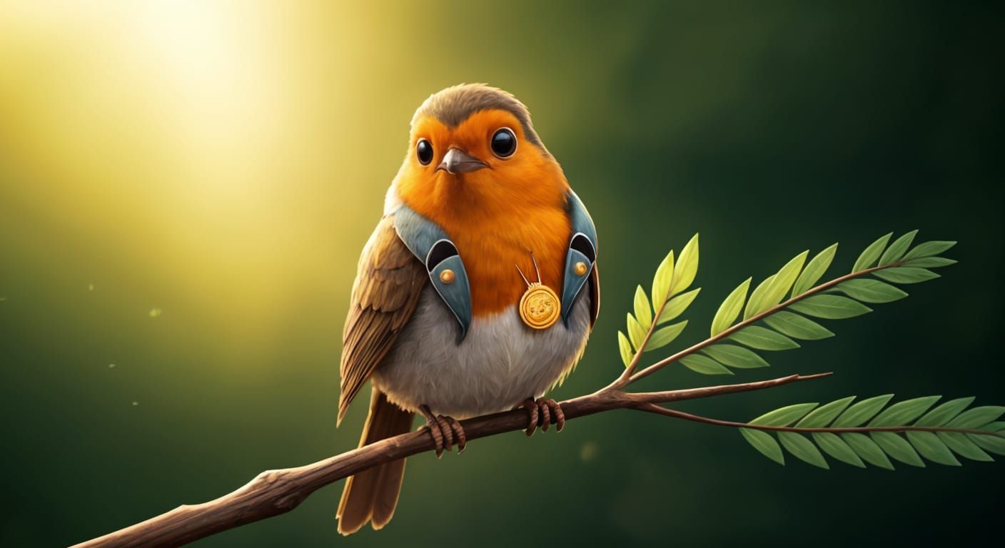 Robin Proudly Displays Gold Medal in Cartoon Style