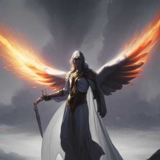 Archangel with Flaming Sword in Dark Fantasy Style