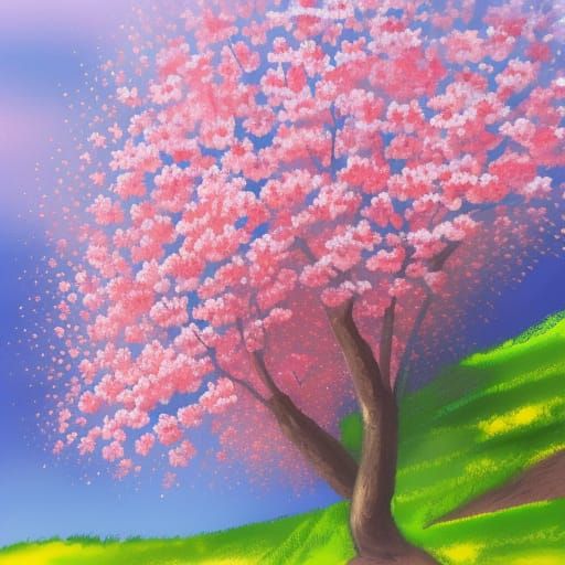 Cherry Blossom Tree in Gouache Painting Style