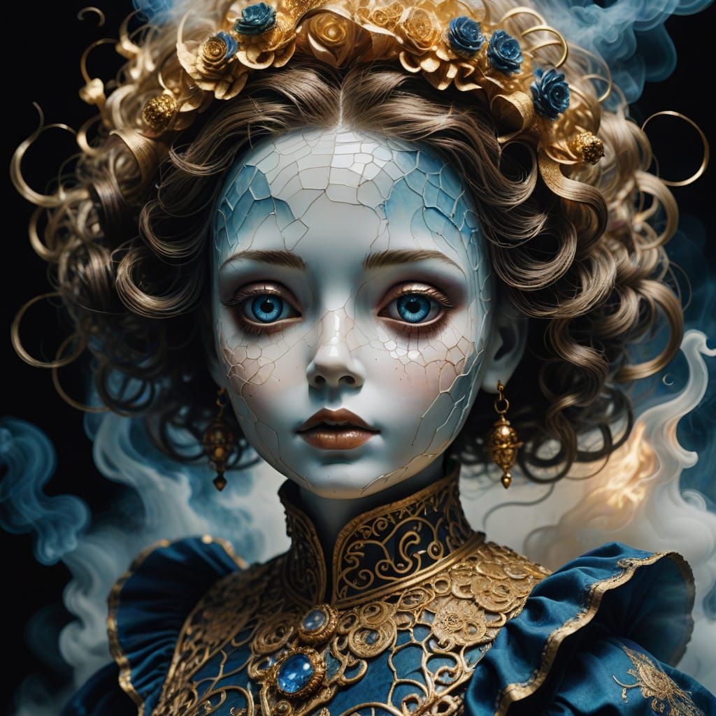 Ethereal Doll in Golden Light, Inspired by Klimt and Beksińs...