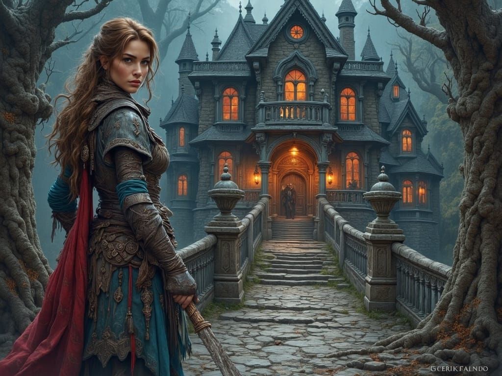 Medieval Adventurers Stand Before Haunted Mansion