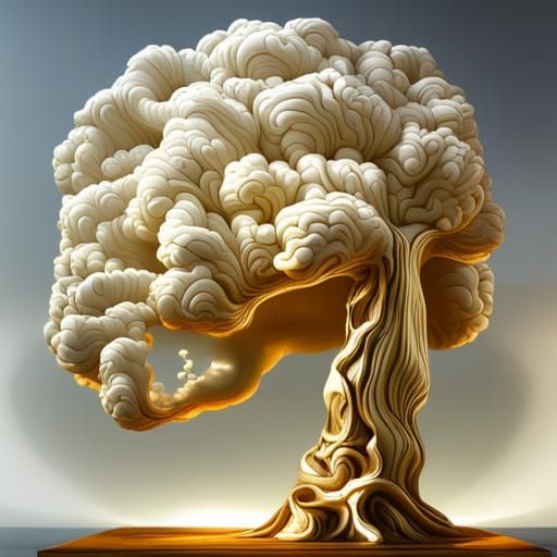 Futuristic Biomorphic Cloud Bonsai: White and Gold Mechanics