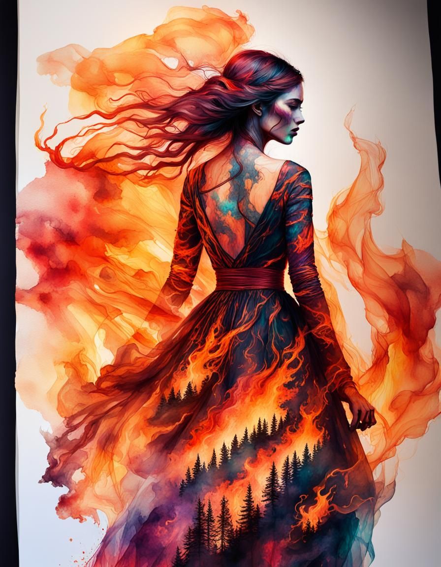 Watercolor Fire Spirit in Wildfire Dress