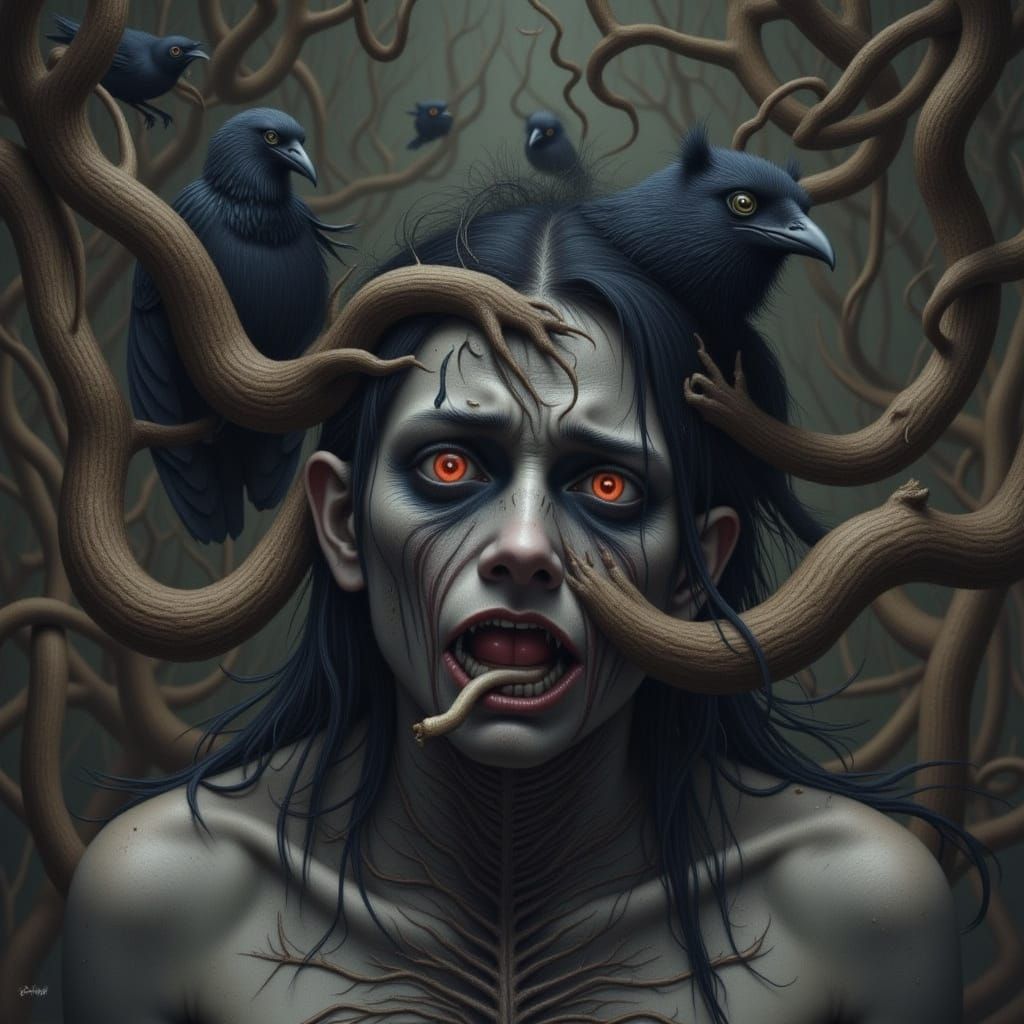 A mythical strigoi-born <lora:My Face:1.2> creature intertwined with elements from the Simic Hybrid <lora:dark surreal d...